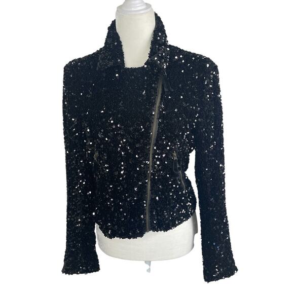 Anthropologie Maeve Sequined Bomber Moto Jacket Black Sz Small Holiday Party NEW - Picture 5 of 13